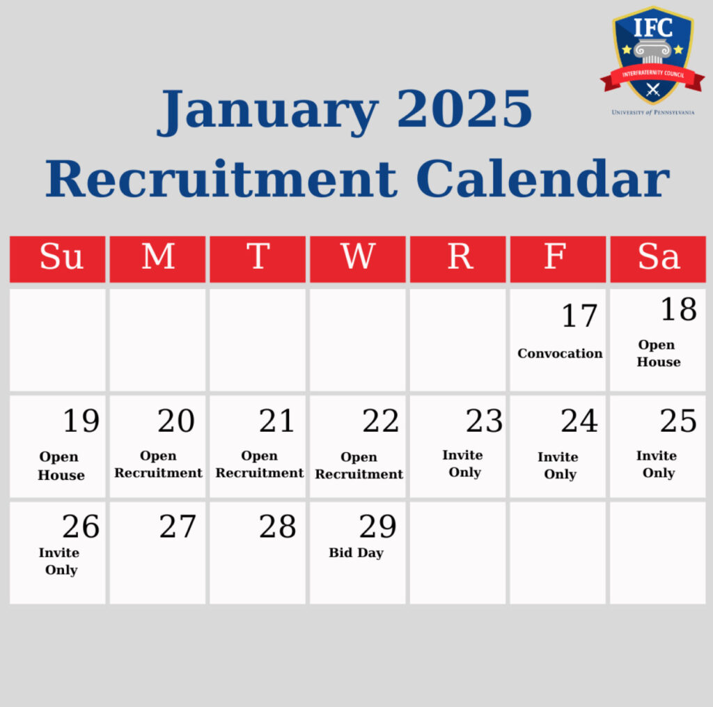 Gray, Blue & Red calendar graphic with IFC Council Log and recruitment dates starting Friday January 17, 2025