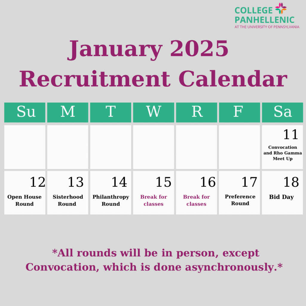 Pink, Gray & Green Calendar with Panhellenic Recruitment Dates